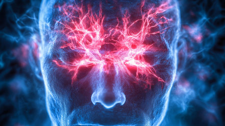 Human Head Silhouette, Meditation with Glowing Esoteric Neurons Within the Brain, Conceptual Imageの素材