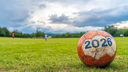 Worn Soccer Ball on Green Field with 2026, Anticipation for Future World Cup Tournamentの素材