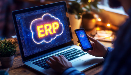 Businessman Accessing Cloud ERP System On Mobile Device With Glowing Icon On Laptop Screenの素材