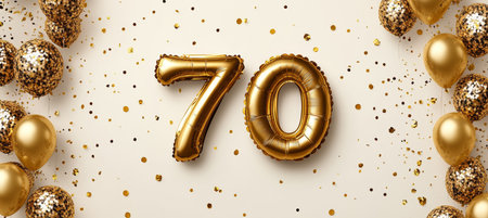 Golden Balloons Form Festive Number 70 for Birthday, Anniversary, or Milestone Celebrationの素材