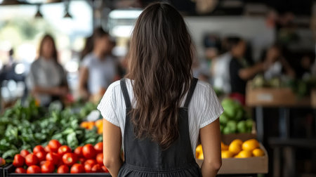 Young Woman Shopping at Farmers Market with Fresh Organic Produce, Blurred Customers in Backgroundの素材