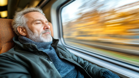 Senior Man Enjoys Scenic Train Ride, Serene Moment with Blurred Autumn Landscapes Outside Windowの素材