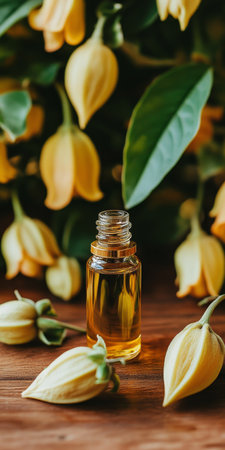 Ylang Ylang Essential Oil Surrounded By Stunning Flowers And Leaves On A Wooden Tableの素材