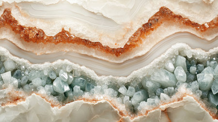 Ivory, Copper, and Green Druzy Geode Texture. Natural Luxurious Agate Stone Background.の素材