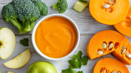 Healthy Homemade Pumpkin Puree Baby Food With Fresh Ingredients Apple, Broccoli And Greensの素材