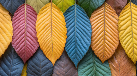 Vibrant Autumnal Tapestry Close-Up of Colorful Fall Leaves Forming a Natural Background.の素材
