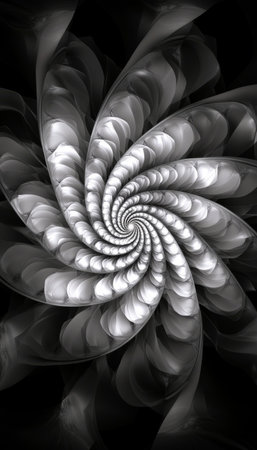 Abstract Silver Geometric Spiral Pattern on a Black Background, Digital Art, Illusion, Fractalの素材
