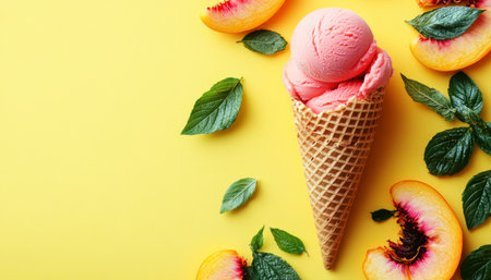 Delicious Peach Ice Cream in Waffle Cone on Vibrant Yellow Background with Fresh Peach Slicesの素材