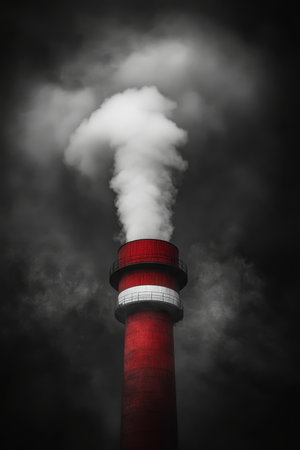 Industrial Pollution Red and White Chimney Billowing Smoke into a Dark, Gloomy Atmosphereの素材