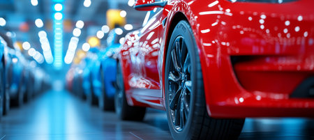 New Red Sports Car in Focus, Row of Modern Cars in Blurred Showroom, Automotive Industryの素材