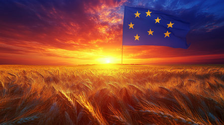 Golden Wheat Field Bathed in Sunset Light with European Union Flag Symbol of Agricultural Policyの素材