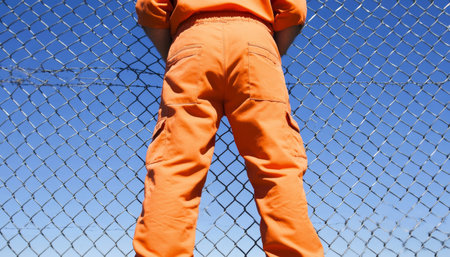 Imprisoned Man in Orange Jumpsuit Behind Chain Link Fence, Confinement and Justice Conceptの素材