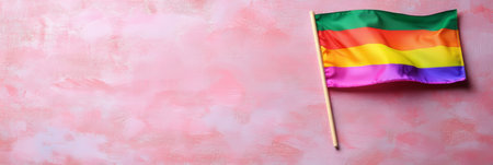 Rainbow Pride Flag On Pink Textured Background With Copy Space. Love, Diversity, Freedom Concept.の素材