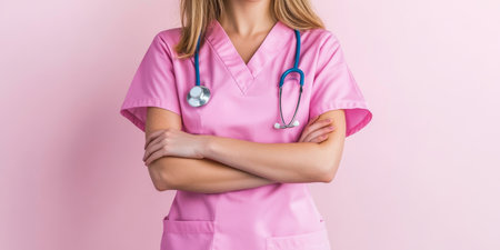 Confident Female Medical professional In Pink Scrubs With Arms Crossed On Pink Studio Backgroundの素材