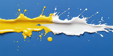 White and Yellow Paint Splash, A dynamic abstract design element on a vibrant blue background.の素材