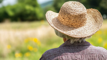 Serene Senior Woman Wearing A Straw Hat Enjoys Summer Solitude and Vacation In Natureの素材