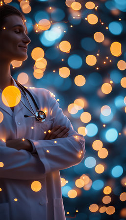 Confident Female Doctor with Stethoscope Against a Backdrop of Festive, Sparkling Bokeh Lightsの素材