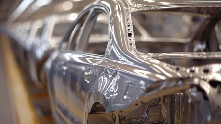 Shiny new car bodies in a row on the assembly line of a modern automotive manufacturing plant.の素材