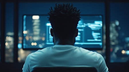 Focused African American Man Working Late on Computer Code in a Modern Office with City Viewの素材