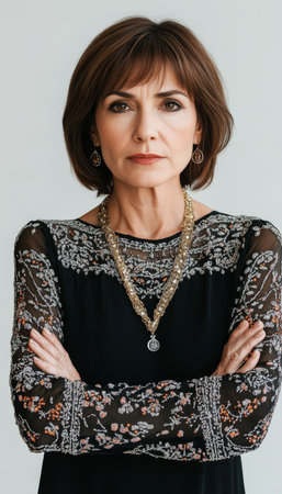 Portrait of a Confident and Stylish Mature Woman in Her 50s with Arms Crossed on White Backgroundの素材