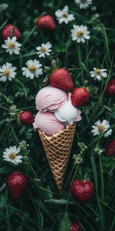 Delicious Strawberry Ice Cream Treat on Grass with Flowers, A Perfect Summer Dessert.の素材