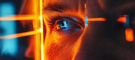 Closeup of Young Woman s Eye Lit by Futuristic Neon Glowing Lines, Technology and Innovation Conceptの素材