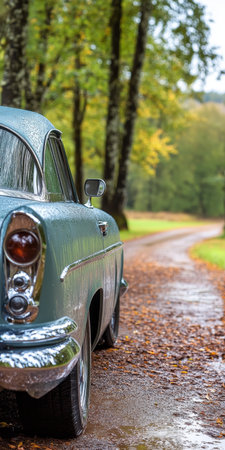 Vintage Car Parked on a Forest Road, Autumn Leaves and Rain Create a Nostalgic Ambianceの素材