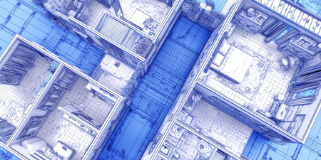 Modern Architectural Interior Blueprint Design with Rooms, Furniture, and Dcor, Aerial Viewの素材