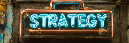 Neon Glowing Outline Briefcase Sign With The Word Strategy In Teal Against A Textured Backgroundの素材