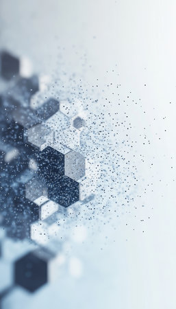 Abstract Futuristic Technology Background with Blue Hexagons and Particles Dispersing on Whiteの素材