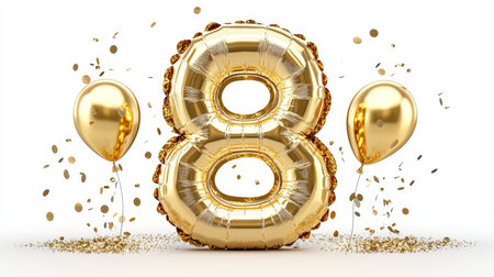 Gold Number 8 Balloon on White Background With Gold Confetti for Eighth Birthday Celebrationの素材