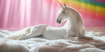 Beautiful White Unicorn Relaxing on Cloud with Rainbow, Sparkles, and Pink Backgroundの素材