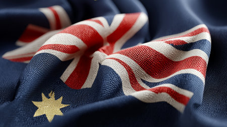 Close-Up Waving Australian Flag with Vivid Colors, Detailed Stitching, and Textured Fabricの素材