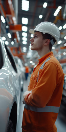 Safety-Conscious Engineer Conducts Quality Check on Vehicle in a Bustling Automotive Assembly Line.の素材