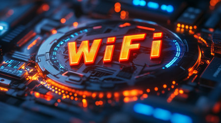WiFi Technology Futuristic Server Background with Glowing WiFi Text and Circuitry Detailsの素材