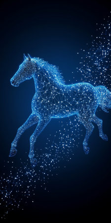 Blue Holographic Horse Disintegrating in Particles, Representing Modern Technology and Innovationの素材