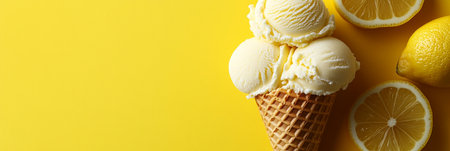 Refreshing Scoops Lemon Ice Cream Cone on Vibrant Yellow Background with Fresh Lemon Slicesの素材