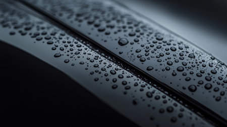 Water Beads on a Polished Black Surface, Detailing the Hydrophobic Effect After Treatmentの素材