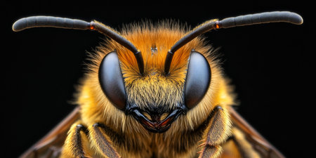 Extreme Close-Up Macro Portrait of a Bee Capturing the Intricate Detail of its Furry Bodyの素材