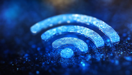 Glowing WiFi Symbol on Blue Background, Wireless Technology, Connectivity, Internet Conceptの素材