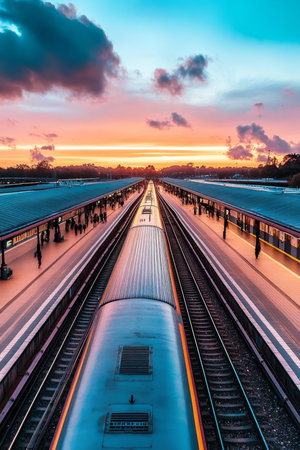 Train Station Platforms Converging at Sunset with Modern Glass Roof Train as Focal Pointの素材