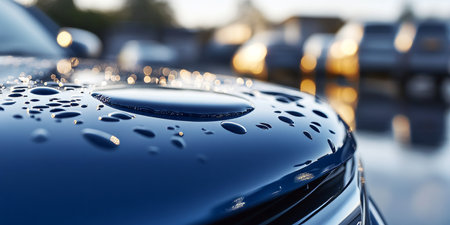 Water Drops Beaded On A Blue Metallic Car Hood, Showcasing The Hydrophobic Effect After A Fresh Rainの素材