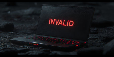 Black Laptop Displaying Glowing Neon Invalid Text Conceptual Tech Image On Dark Stoneの素材