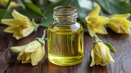 Aromatic Ylang Ylang Essential Oil in Glass Bottle, Encircled by Fresh Flowers on Rustic Wood Tableの素材