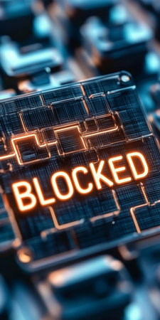 Cybersecurity Concept, Laptop Display Shows Blocked in Orange Neon Lighting 3D Renderの素材