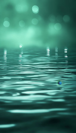 Abstract Green Festive Background, Emerald Liquid Reflections And Bokeh Lights Backdropの素材