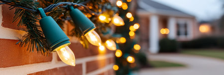 String of green Christmas lights with a blurred house decorated in gold lights in the background.の素材