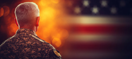 Silhouette of Soldier Against American Flag Memorial Day, Veterans Day Theme of Honorの素材