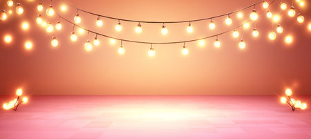 Peach Studio Background With Pink Fairy Lights For Festive Celebration, Product Placement, Bannerの素材