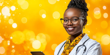 Confident Female Doctor with Stethoscope and Tablet Healthcare Innovation and Patient Careの素材